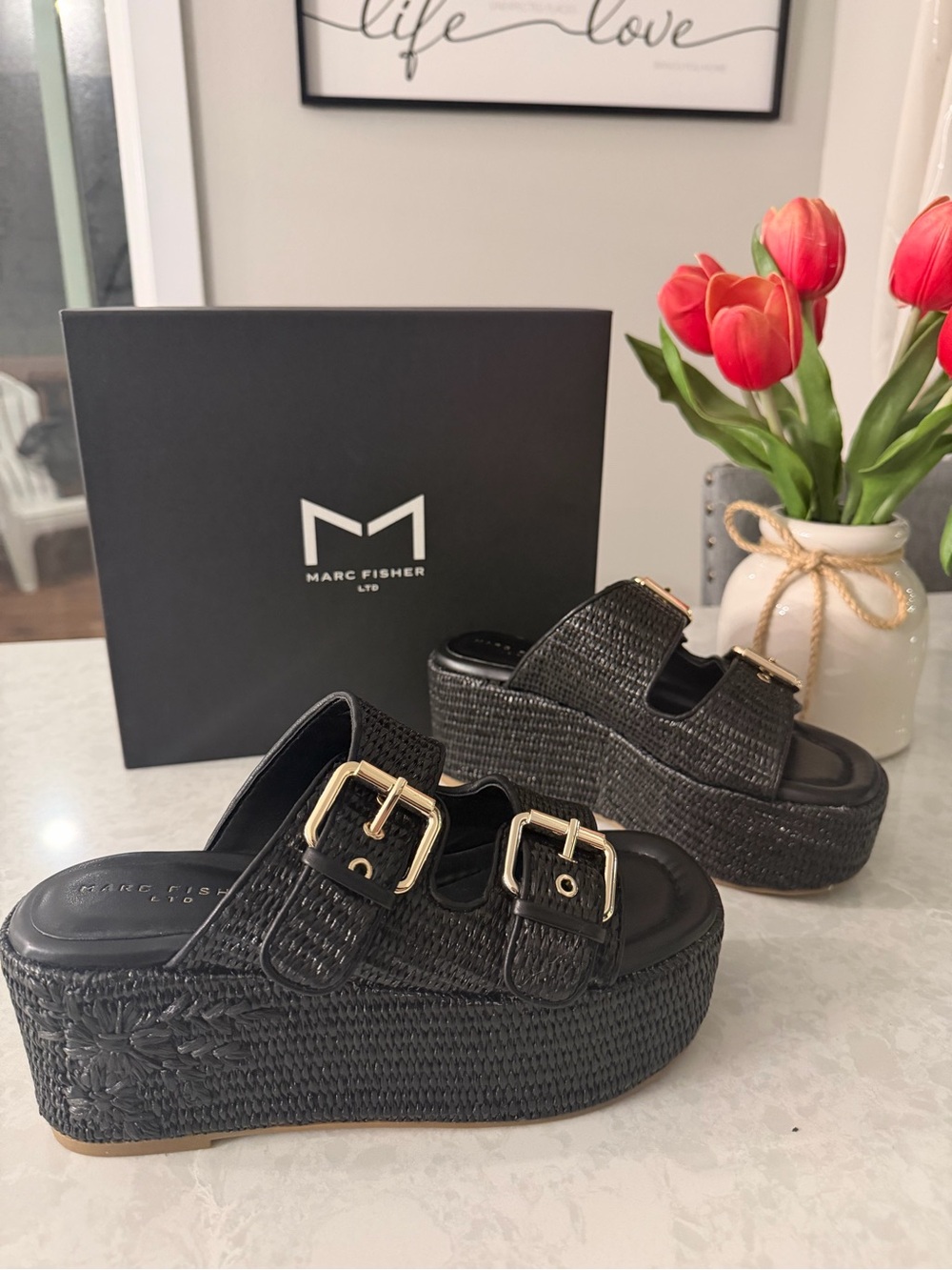 Marc Fisher 🖤 “Poppy” Woven Platform Slide Sandals with Gold Buckles